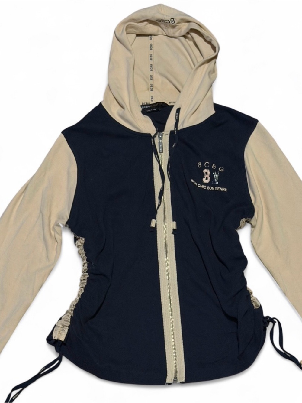 BCBG Two-Tone Y2K Zip-Up Hoodie With Side Ruched Detail